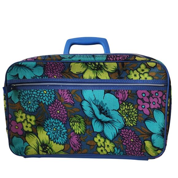 Vintage Floral Suitcase Peters Bag Corp 60s 70s Flower Power Luggage 17"x11"x4" - Picture 1 of 10